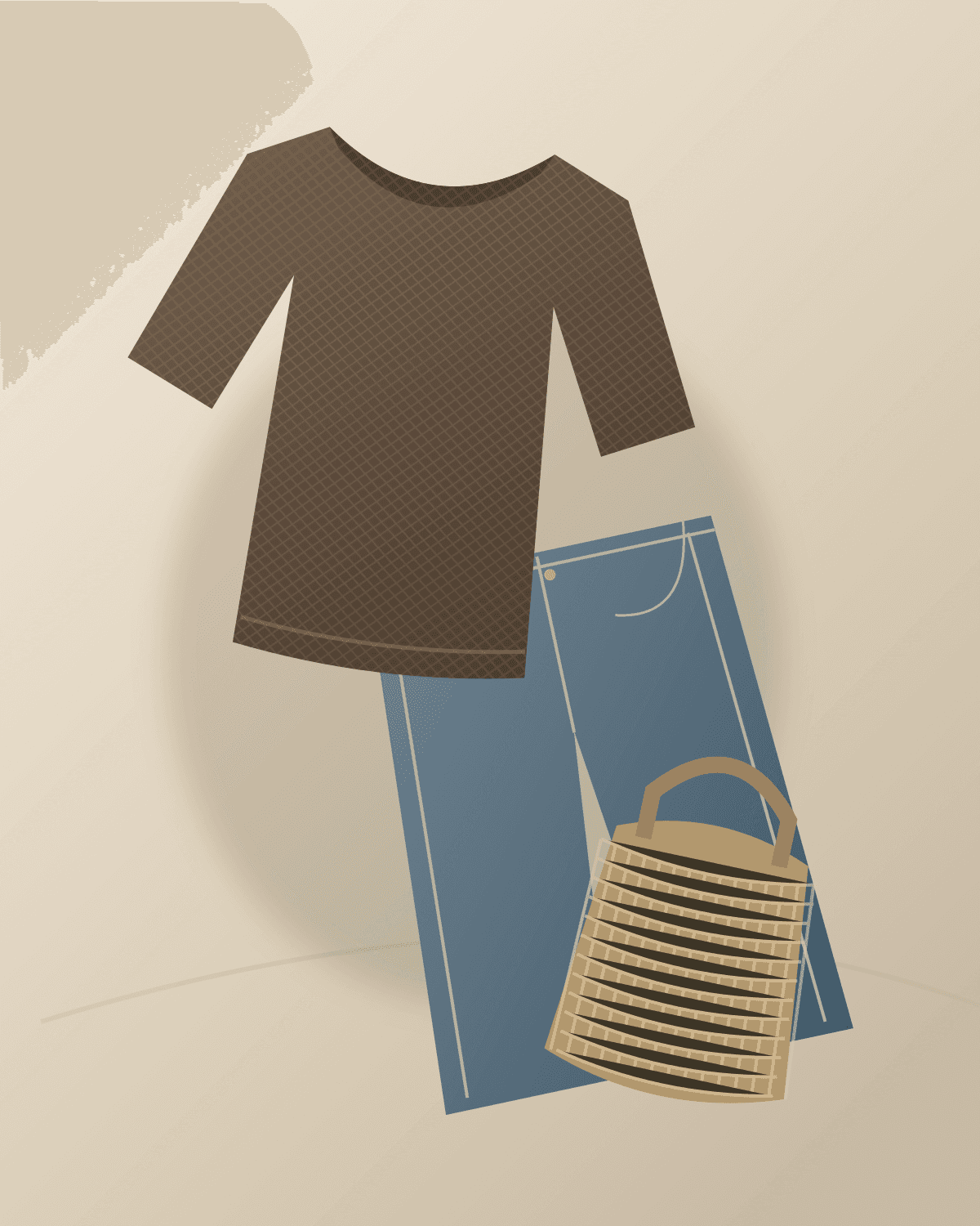 Original placeholder illustration of a chocolate knit, blue jeans and a woven bag.