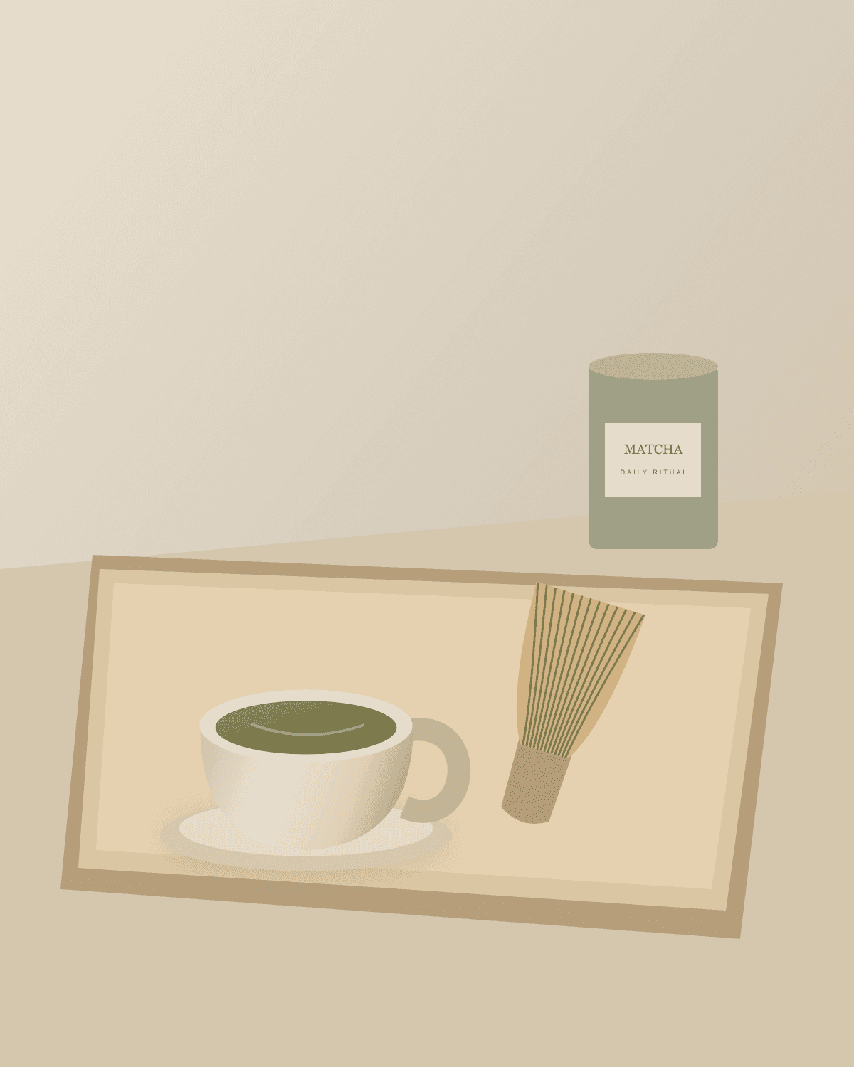 Original placeholder illustration of a ceramic matcha bowl, whisk and green tea.