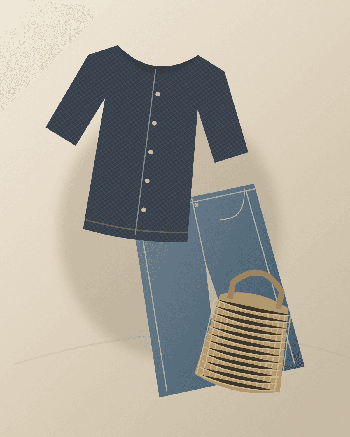 Original placeholder illustration of a navy cardigan and neutral wardrobe pieces.