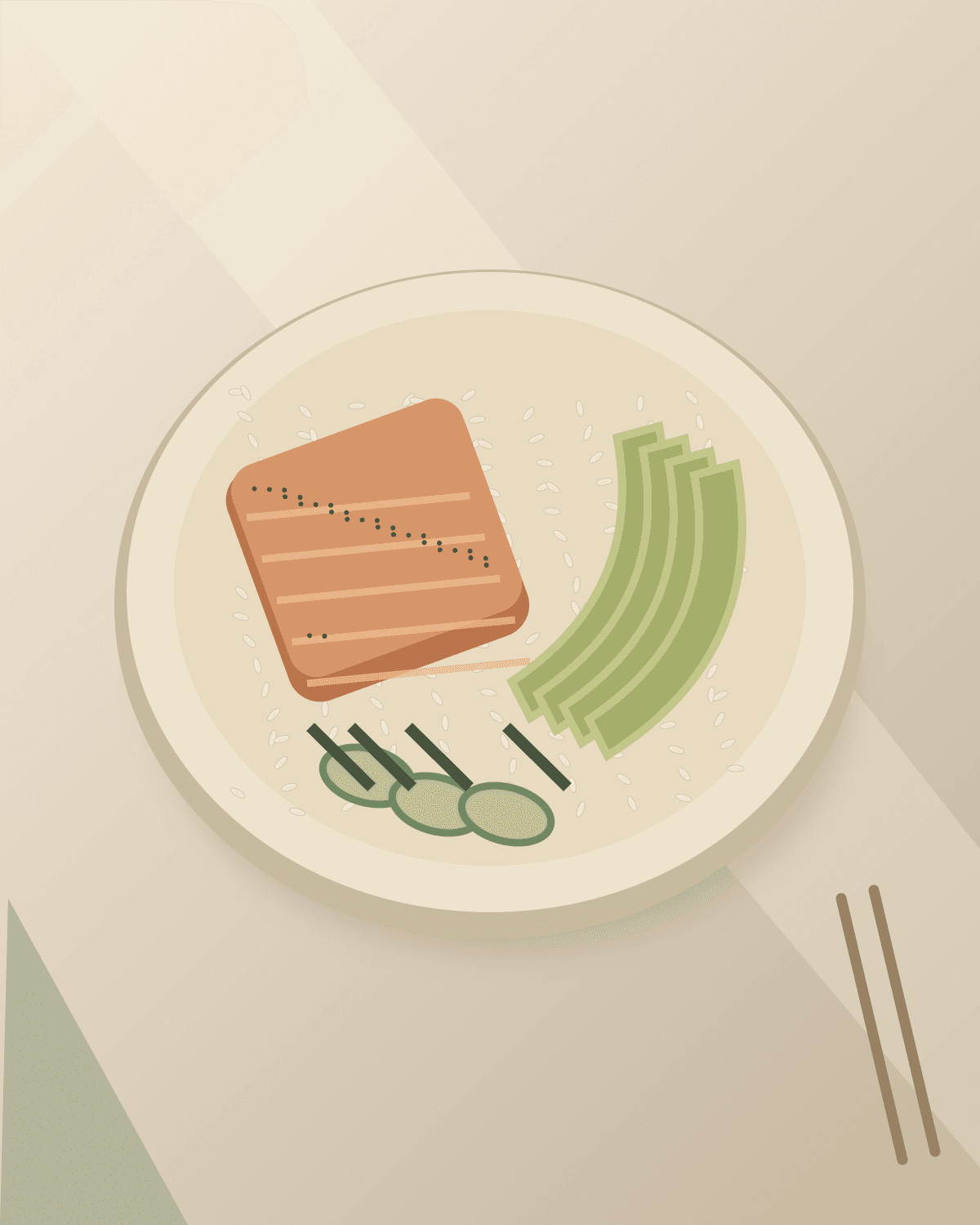 Original placeholder illustration of a salmon, avocado and cucumber rice bowl.