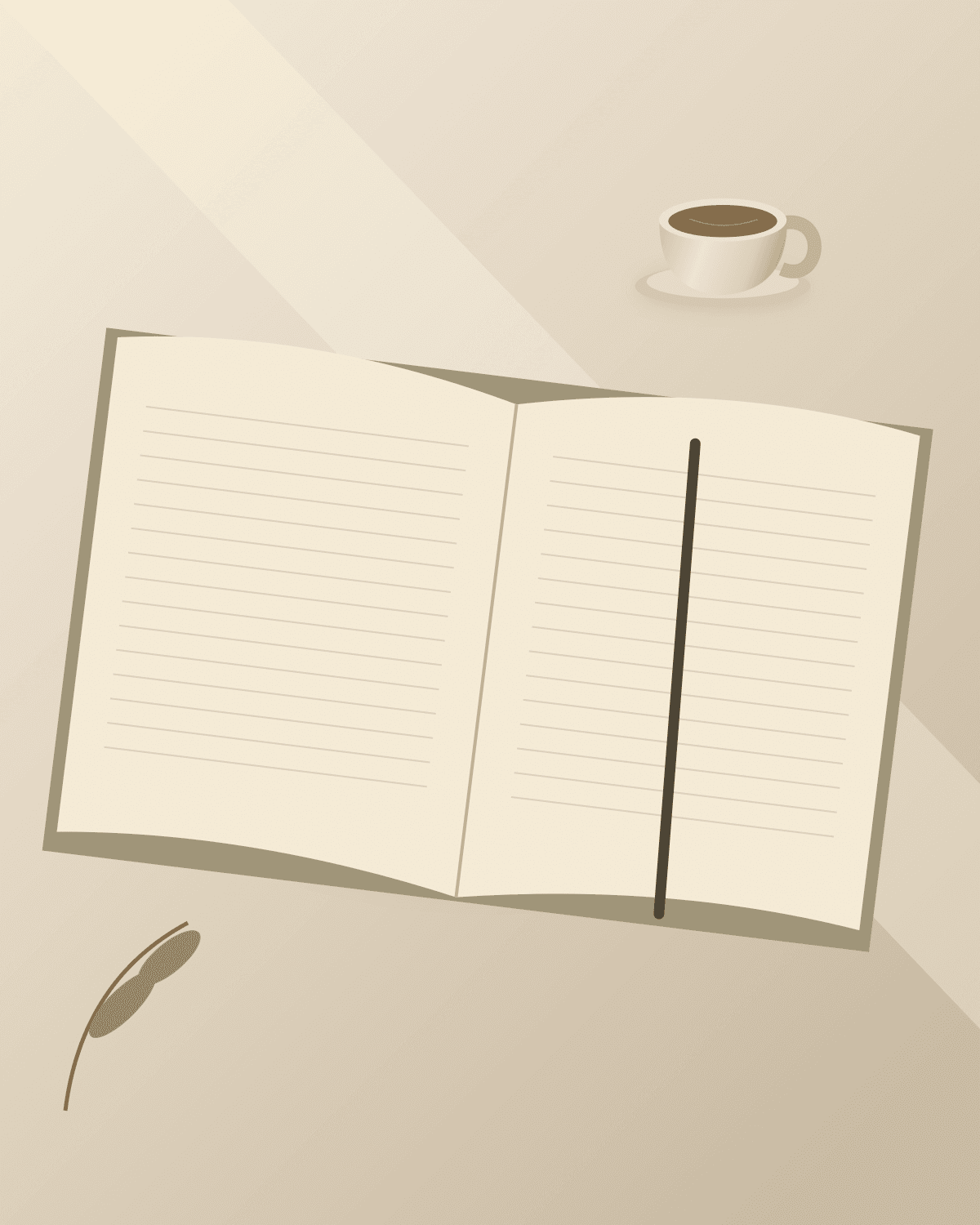 Original placeholder illustration of an open notebook and tea on a linen-covered table.